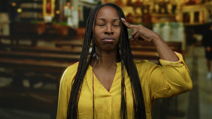 Fototapeta premium Woman with curly hair inside a church wearing a yellow shirt making a hand gesture focused against blurred pews and warm lighting.