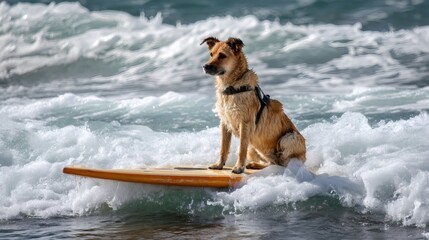 A happy dog surfing on a paddleboard on the ocean. Animal in a harness enjoying a fun summer day at sea.