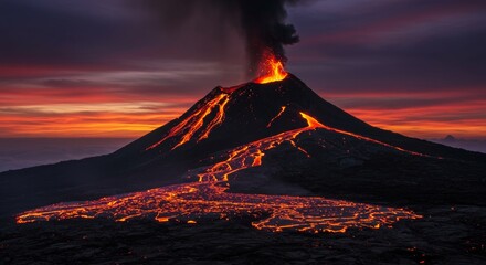 Wide view of black volcanic mountain with glowing lava flow at dusk, dramatic clouds