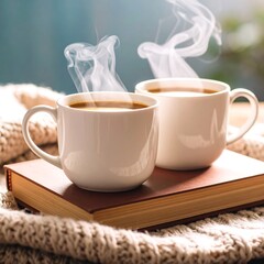 Two steaming mugs of coffee sit on a book, nestled on a cozy knitted blanket.