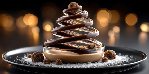 A decorative dessert shaped like a Christmas tree. It features chocolate spirals, cocoa balls, and is presented on a black plate with powdered sugar.