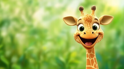 A cheerful, cartoon-style giraffe with big eyes and a friendly smile, set against a vibrant green background.