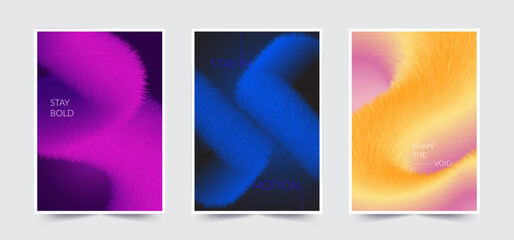 Set of abstract posters featuring colorful furry textures in gradient tones, with modern typography and smooth flowing shapes for creative and contemporary design projects.
