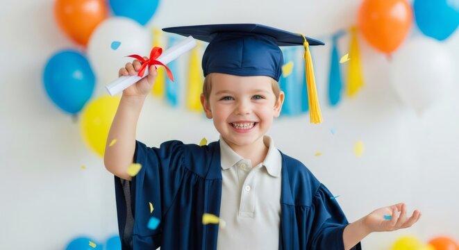 Happy caucasian boy in graduation gown and cap holding diploma scroll. Celebration of kindergarten or preschool graduation. Education and achievement concept.