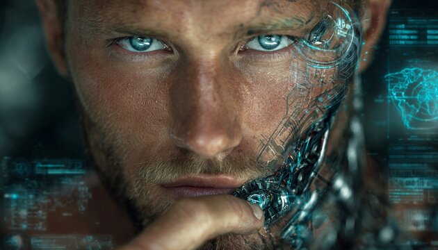 Primo piano di un uomo con met&agrave; volto cibernetico, con HUD e grafici digitali sullo sfondo.