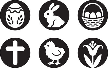 Springtime Icons Set Black and White Vector Illustration with Egg, Rabbit, Basket, Cross