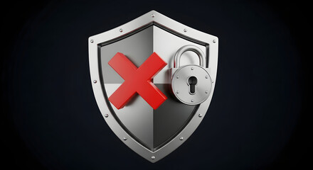 Secure shield with red cross and lock symbolizing blocked access or data breach prevention, conveying cyber security and denial of entry concepts