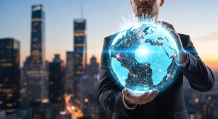 Man holding a digital globe with network connections and city skyline in the background. Concept of global business, communication.