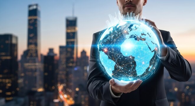 Man holding a digital globe with network connections and city skyline in the background. Concept of global business, communication.