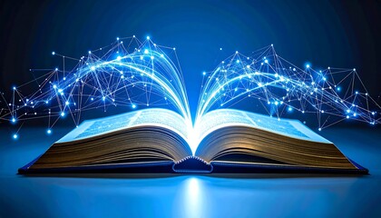 Open book radiating networks of light depicting digital knowledge and innovation radiating with a