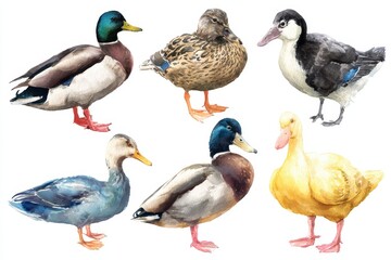 Duck Watercolor. Set of Hand-painted Watercolor Illustrations of Birds in Nature