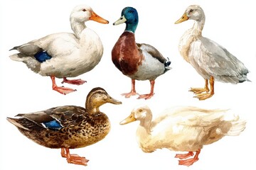 Duck Watercolor Set. Hand-Painted Illustrations of Wild Geese in Nature
