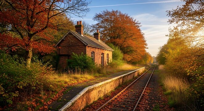 An old brick train station building stands beside railway tracks, surrounded by vibrant autumn trees under a warm, golden sunlight. - Powered by Adobe