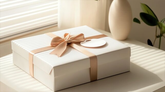 Elegant gift box with ribbon and tag.