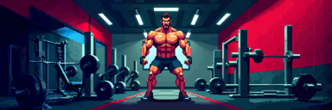 A muscular, bearded bodybuilder stands prominently in the center of a pixel art gym, surrounded by various weightlifting equipment under red-accented walls.