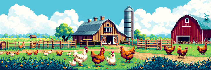 A lively pixel art farm scene features chickens and chicks roaming in a grassy field, with barns, a silo, and a wooden fence under a cloudy sky.  © Pyxzel