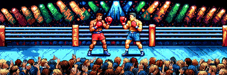 A pixel art boxing match shows two fighters in a ring under bright lights, facing off before a cheering, silhouetted crowd.
