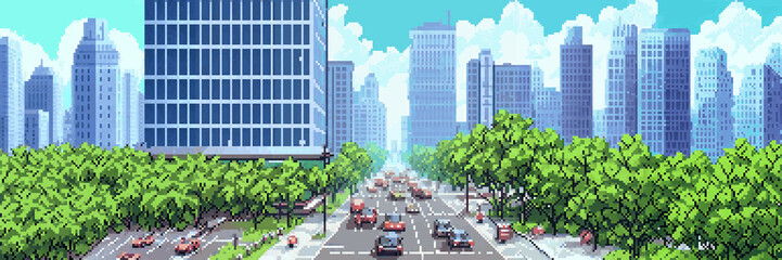 A wide pixel art cityscape shows a busy street lined with trees and tall buildings under a blue sky with clouds, stretching towards the horizon.  © Pyxzel