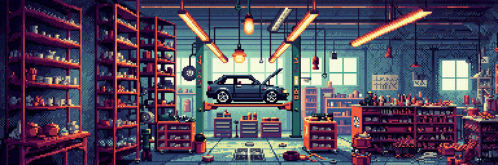A pixel art car workshop features a car elevated on a lift, surrounded by shelves stocked with tools and parts, and various garage equipment.
