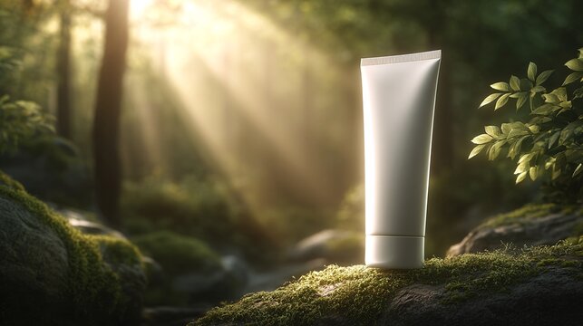 Tubo di crema bianca posizionato su una roccia muschiosa in una foresta lussureggiante illuminata da raggi solari.