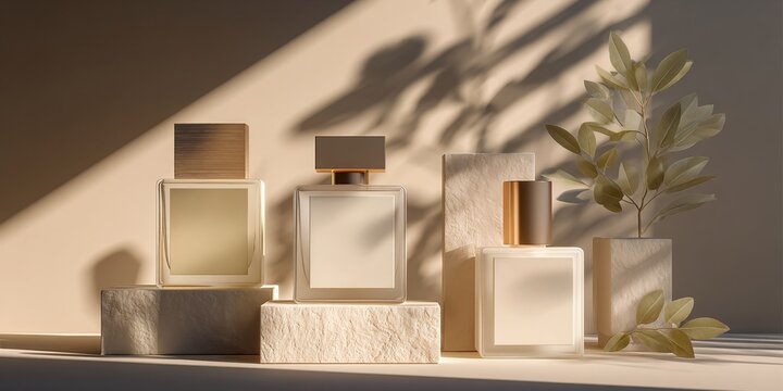 Flaconi di profumo di lusso disposti con elementi naturali e ombreggiature.