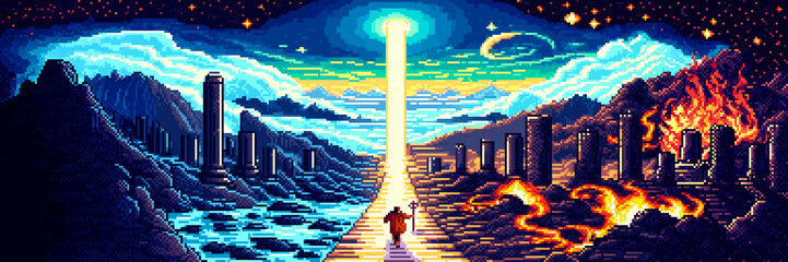 A stunning pixel art fantasy landscape depicting a path leading to a glowing celestial body, flanked by contrasting temples of water and fire. A lone figure walks the illuminated path.  © Pyxzel