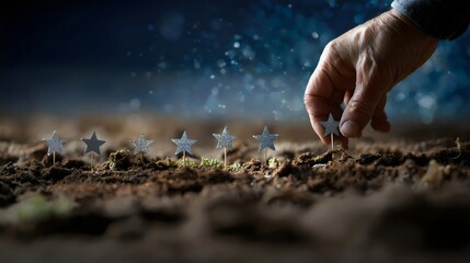 A close-up of a hand placing glittering stars in the soil, symbolizing dreams or aspirations taking root.