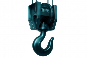 Industrial crane hook suspended, metallic hook against transparent backdrop, prepared for heavy-duty lifting task