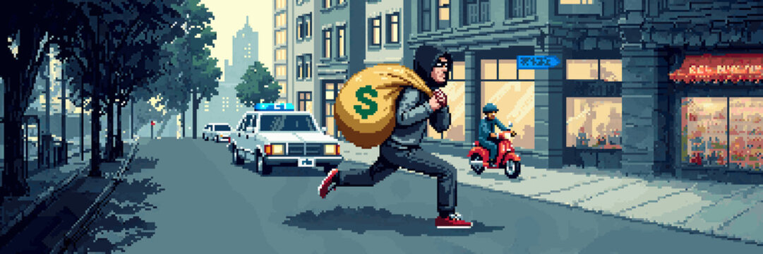 A dynamic pixel art street scene captures a masked thief sprinting with a money bag, a police car in pursuit, and a person on a scooter nearby. Urban buildings line the background.
