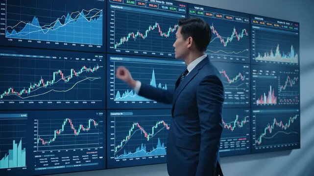 Businessman Analyzing Market Data on Digital Screens - A businessman in a suit stands in front of a large video wall displaying a variety of market analytics charts and graphs. - Powered by Adobe