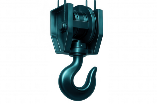 Industrial crane hook suspended, metallic hook against transparent backdrop, prepared for heavy-duty lifting task