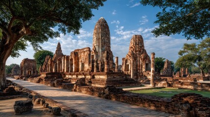 Fototapeta premium Ancient Ayutthaya ruins and temple complex under a picturesque sky, Thailand
