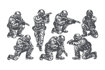 Military Soldier Silhouette Collection. Vector Set of Tactical Army and Special Forces Poses with Guns, Vector Illustration