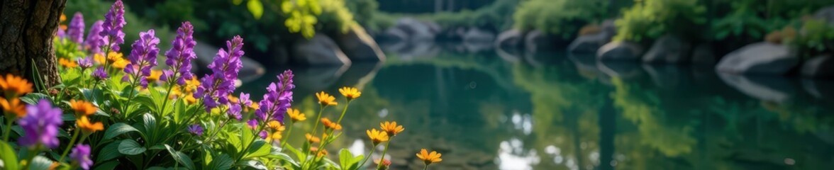 Obraz premium Autumnal violet wildflowers bloom near tranquil pool, rustic, purple flowers