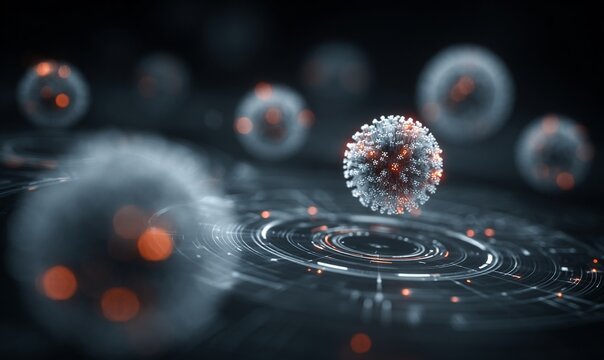 Illustrazione vettoriale di particelle virali astratte e sfere luminose su sfondo tecnologico scuro