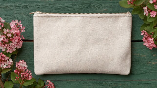Borsa cosmetica vuota di tela beige su sfondo verde con fiori rosa, design per mockup
