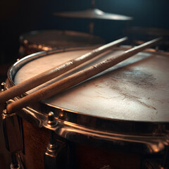Snare drum with sticks resting on surface in soft light  