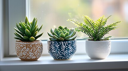 Obraz premium Three potted plants on a windowsill (1)