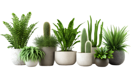 Vibrant collection of potted plants, including cacti and ferns, creating a refreshing and modern aesthetic for home decor or commercial use