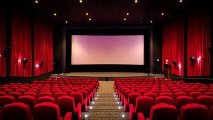 Fototapeta premium Empty cinema auditorium with red seats and large screen ready for a movie viewing