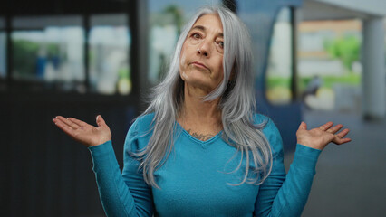 Senior woman with grey hair raising hands in an indoor hotel setting wearing blue sweater showcasing a contemplative expression in casual ambiance.