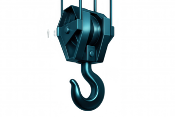 Metallic crane hook suspended, ready for lifting, symbolizing industrial power and precision engineering against clean transparent backdrop