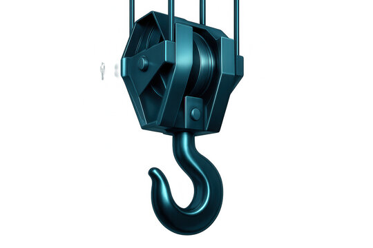 Metallic crane hook suspended, ready for lifting, symbolizing industrial power and precision engineering against clean transparent backdrop
