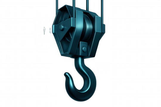 Metallic crane hook suspended, ready for lifting, symbolizing industrial power and precision engineering against clean transparent backdrop
