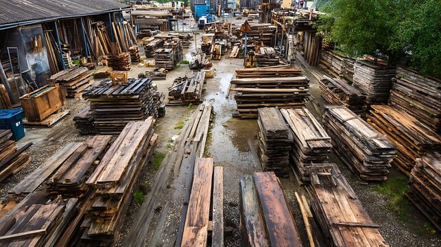 Lumberyard Storage of Wooden Planks and Beams, Outdoor Warehouse with Rows of Timber