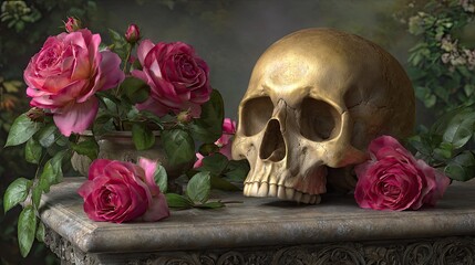 3D Still Life of Human Skull with Roses