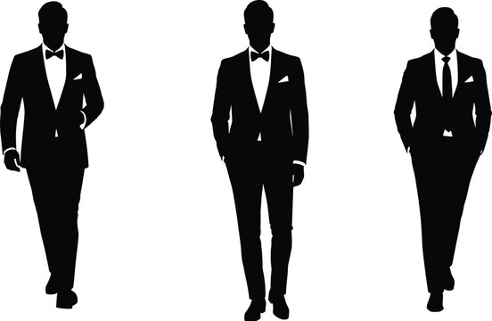 Handsome groom silhouettes walking confidently in tuxedos and suits, formal wedding fashion, black and white, bow tie, pocket square, stylish men