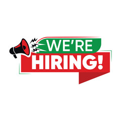 We're Hiring vector banner with a megaphone icon. A recruitment and job vacancy announcement for career opportunities. A business advertisement isolated on a white background. we are hiring