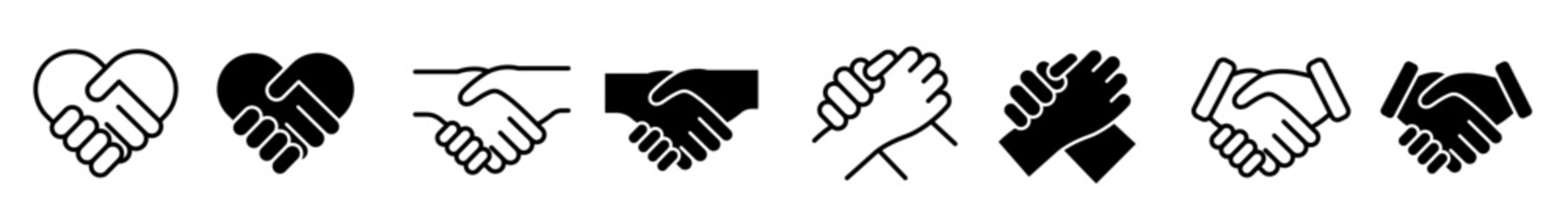 Handshake icon set. Business agreement handshake symbol. Friendly, partnership deal handshake line and silhouette sign. Transparent png and vector illustration.