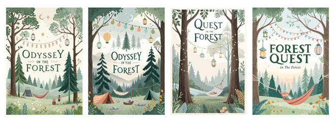 A whimsical illustration series capturing adventures in a forest filled with lanterns, tents, and serene landscapes.